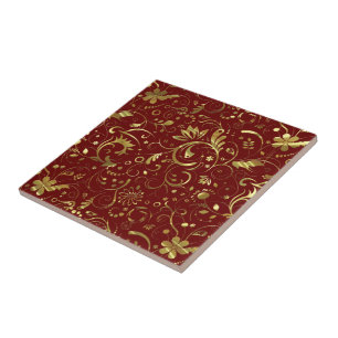 Burgundy And Gold Floral Fabric Pattern Ceramic Tile