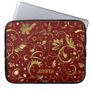 Burgundy And Gold Floral Fabric Pattern Laptop Sleeve