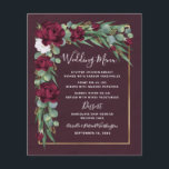 Burgundy and Gold Floral Fall Wedding Menu Cards<br><div class="desc">Features a wine or burgundy watercolor wash background with elegant silver dollar and seeded eucalyptus leaves with marsala/burgundy flowers. Design also features a printed gold border. NOTE: This product is best sized at 4.5" x 5.6" or 8.5" x 11." It is not recommended to purchase this item in the size...</div>