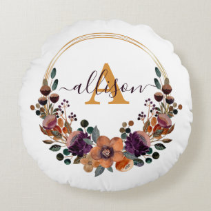 Burgundy and gold floral frame personalised   round cushion