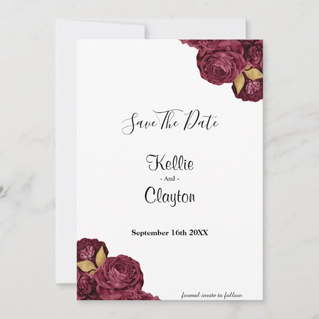 Burgundy And Gold Floral Save The Date (Front)