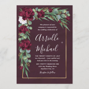 Burgundy and Gold Floral Watercolor Fall Wedding Invitation