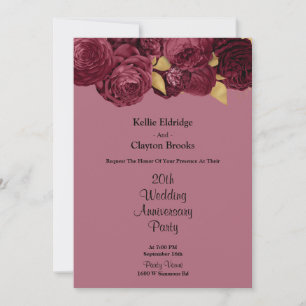 Burgundy And Gold Floral Wedding Anniversary Party Invitation