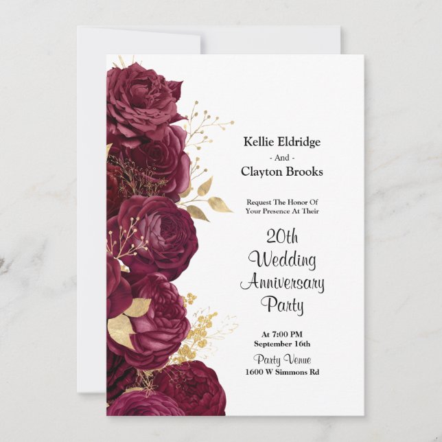 Burgundy And Gold Floral Wedding Anniversary Party Invitation (Front)