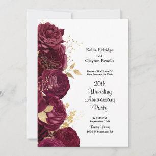 Burgundy And Gold Floral Wedding Anniversary Party Invitation