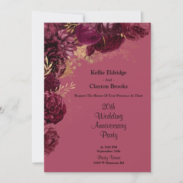 Burgundy And Gold Floral Wedding Anniversary Party Invitation (Front)