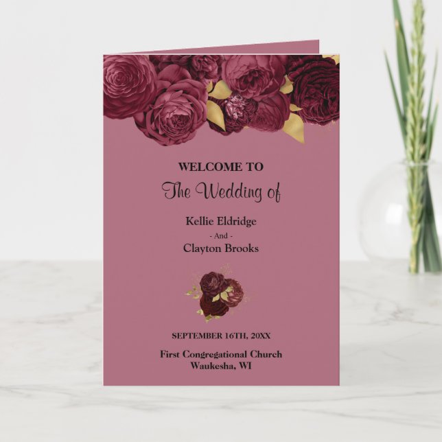 Burgundy And Gold Floral Wedding Folded Program (Front)
