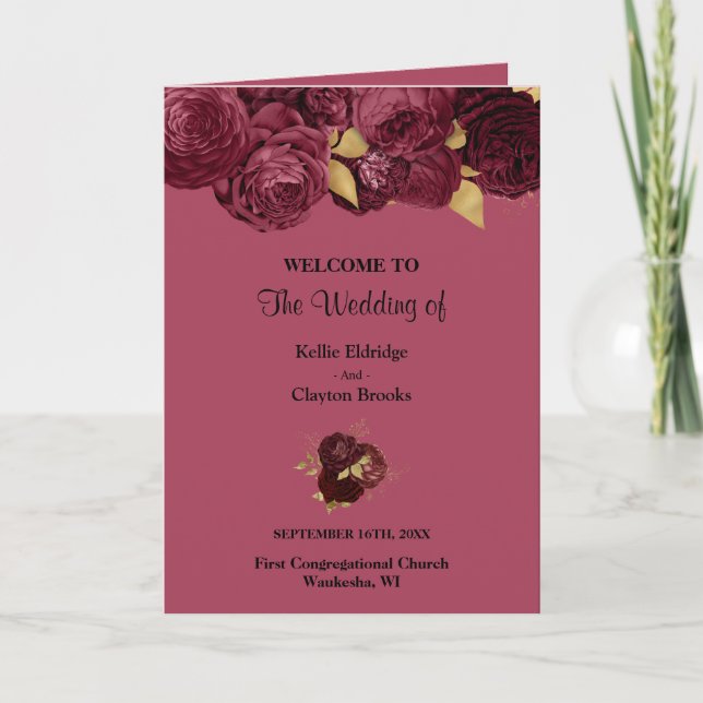 Burgundy And Gold Floral Wedding Folded Program (Front)
