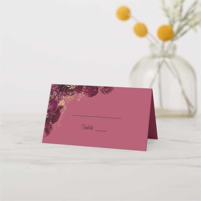 Burgundy And Gold Floral Wedding Guest Name Place Card (Front)
