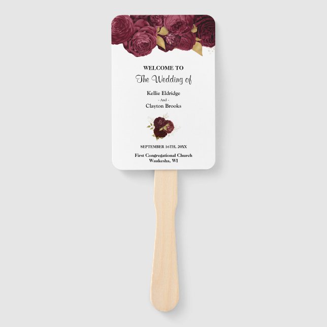 Burgundy And Gold Floral Wedding Program Hand Fan (Front)