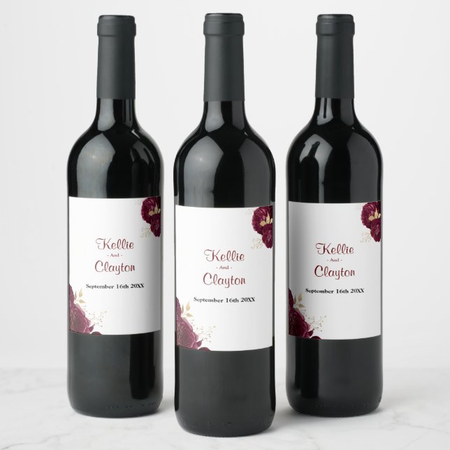Burgundy And Gold Floral Wedding Wine Label (Bottles)