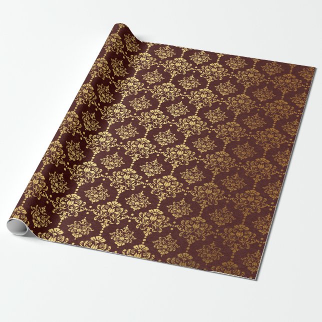 Burgundy and Gold foil Damask Christmas Wrapping Paper (Unrolled)