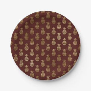 Burgundy and Gold Foil Pineapple Pattern Paper Plate