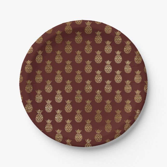 Burgundy and Gold Foil Pineapple Pattern Paper Plate (Front)
