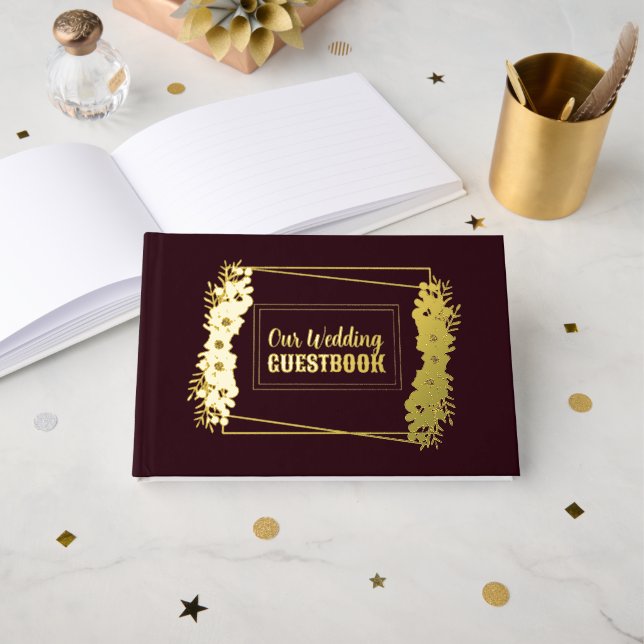 Burgundy and Gold Foil Wedding Guest Book (Front Open)