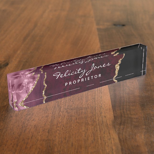 Burgundy and Gold Geode Agate Precious Stone Nameplate (Side)