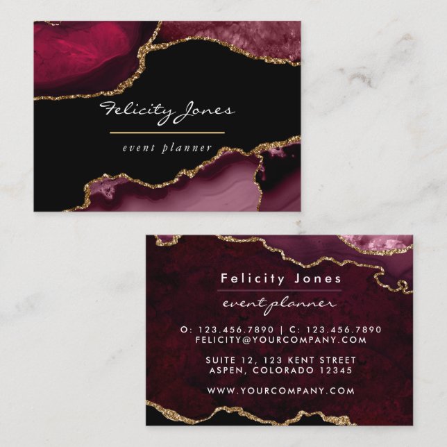Burgundy and Gold Geode Agate Stone Business Card (Front/Back)