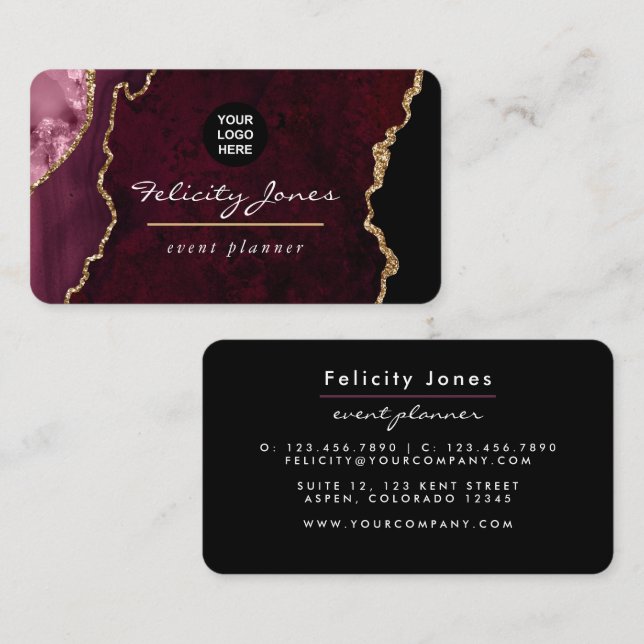 Burgundy and Gold Geode Agate Stone Business Card (Front/Back)