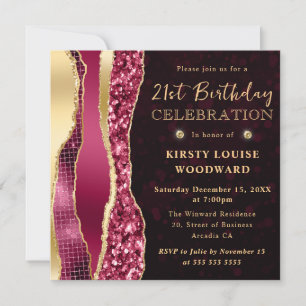Burgundy and Gold Glam Tears Bokeh 21st Birthday Invitation