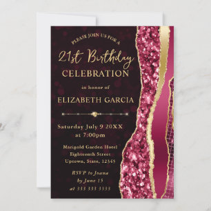 Burgundy and Gold Glam Tears Bokeh 21st Birthday Invitation