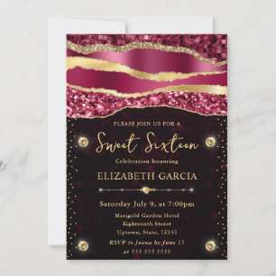 Burgundy and Gold Glam Tears Bokeh Sweet Sixteen Invitation