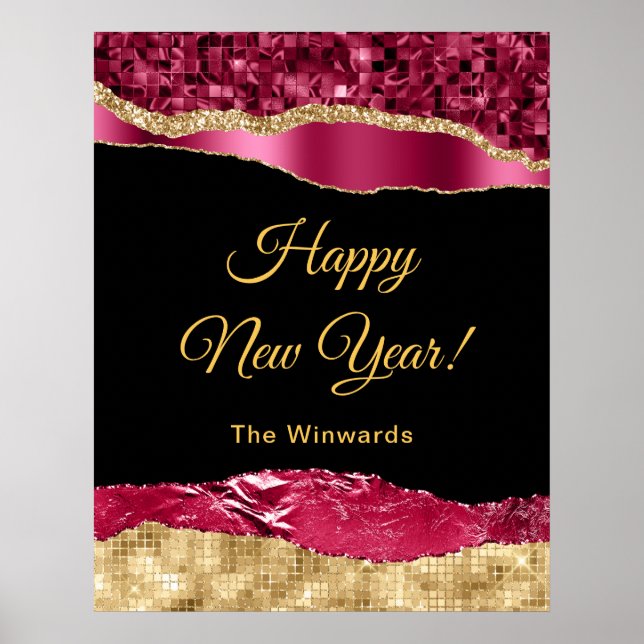 Burgundy and Gold Glam Tears Happy New Year Poster (Front)