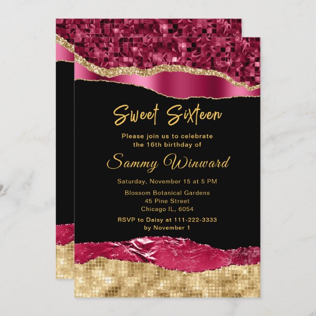 Burgundy and Gold Glam Tears Sweet Sixteen Invitation (Front/Back)