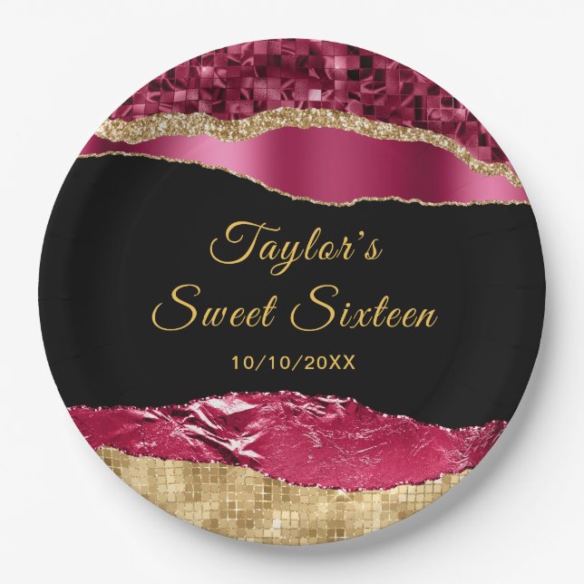 Burgundy and Gold Glam Tears Sweet Sixteen Paper Plate (Front)
