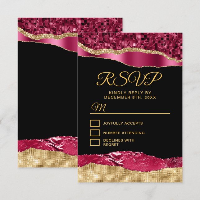 Burgundy and Gold Glam Tears Sweet Sixteen RSVP Card (Front/Back)