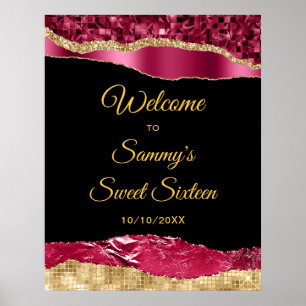 Burgundy and Gold Glam Tears Sweet Sixteen Welcome Poster
