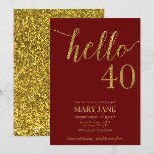 Burgundy and Gold Glitter 40th Birthday Invitation