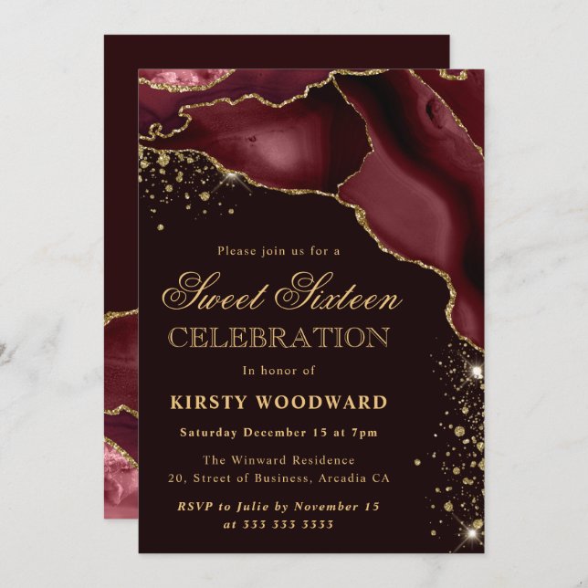 Burgundy and Gold Glitter Agate 21st Birthday Invitation (Front/Back)