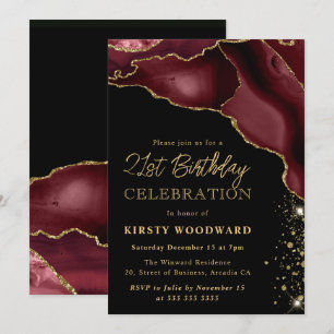 Burgundy and Gold Glitter Agate 21st Birthday Invitation