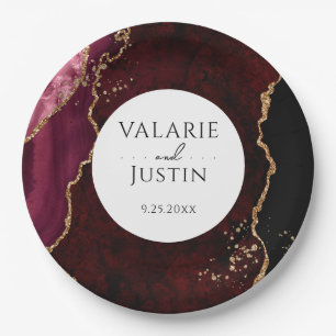 Burgundy and Gold Glitter Agate Wedding Paper Plate