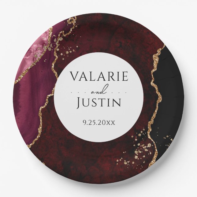 Burgundy and Gold Glitter Agate Wedding Paper Plate (Front)