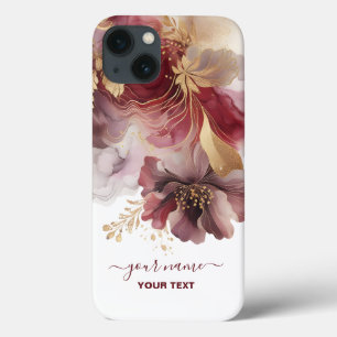 Burgundy and Gold Glitter floral Agate  iPhone 13 Case