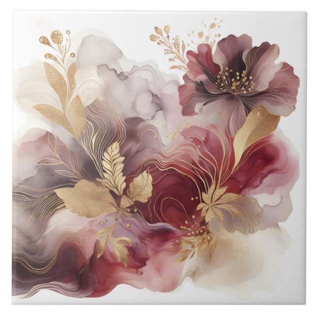 Burgundy and Gold Glitter floral Agate  Ceramic Tile (Front)