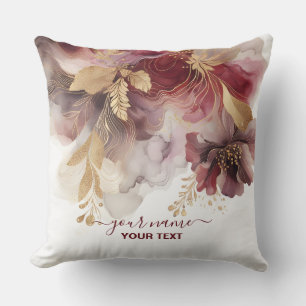 Burgundy and Gold Glitter floral Agate  Cushion