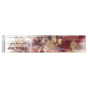 Burgundy and Gold Glitter floral Agate  Nameplate