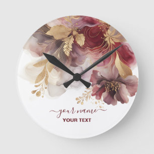 Burgundy and Gold Glitter floral Agate  Round Clock