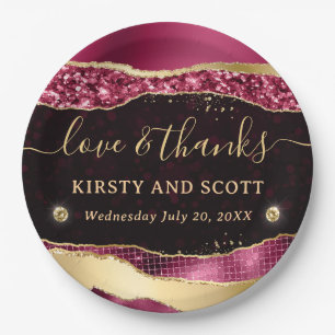 Burgundy and Gold Glitter Glam Tears Bokeh Wedding Paper Plate