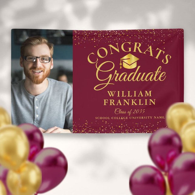 Burgundy And Gold Glitter Modern Photo Graduation Banner (Burgundy And Gold Glitter Modern Photo Graduation Banner)