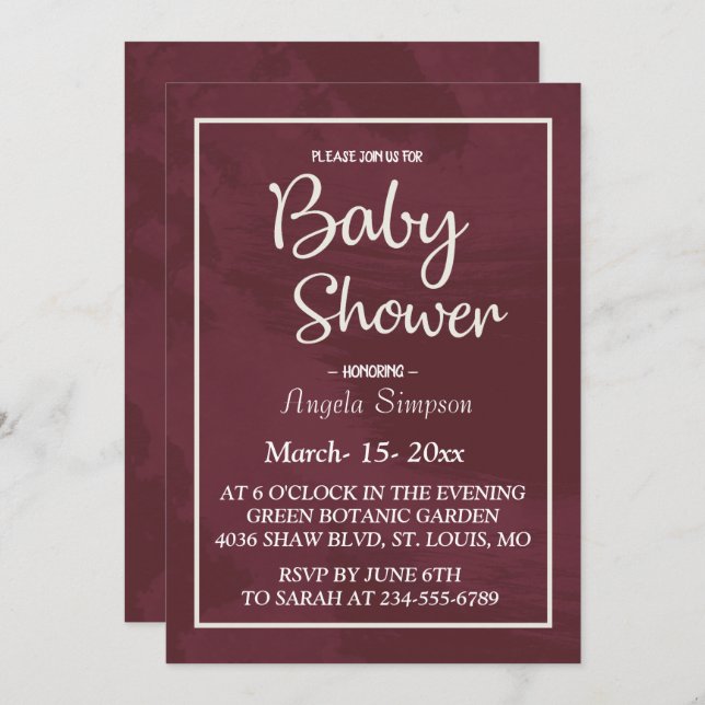 Burgundy and Gold Glitter Pocket Baby Shower Invitation (Front/Back)