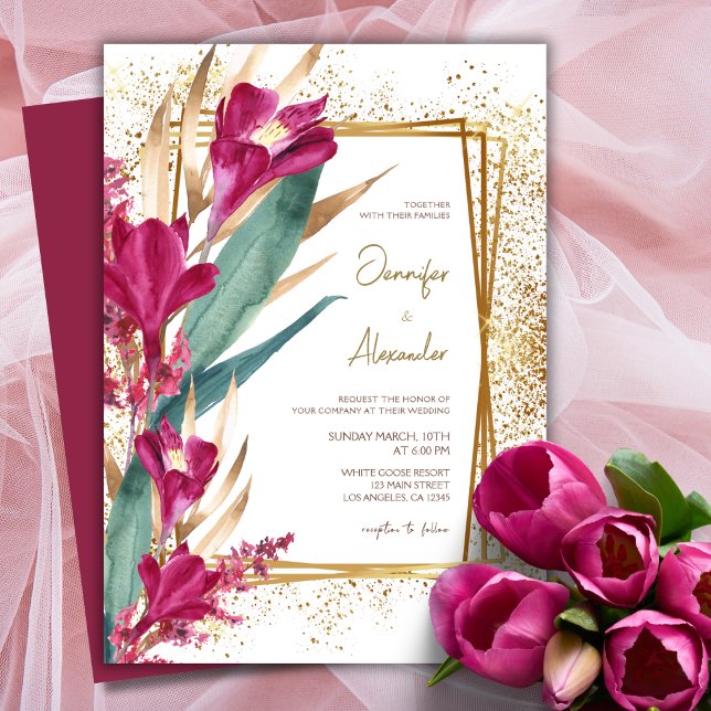 Burgundy and Gold Glitter Sparkle Wedding Invitation (Creator Uploaded)