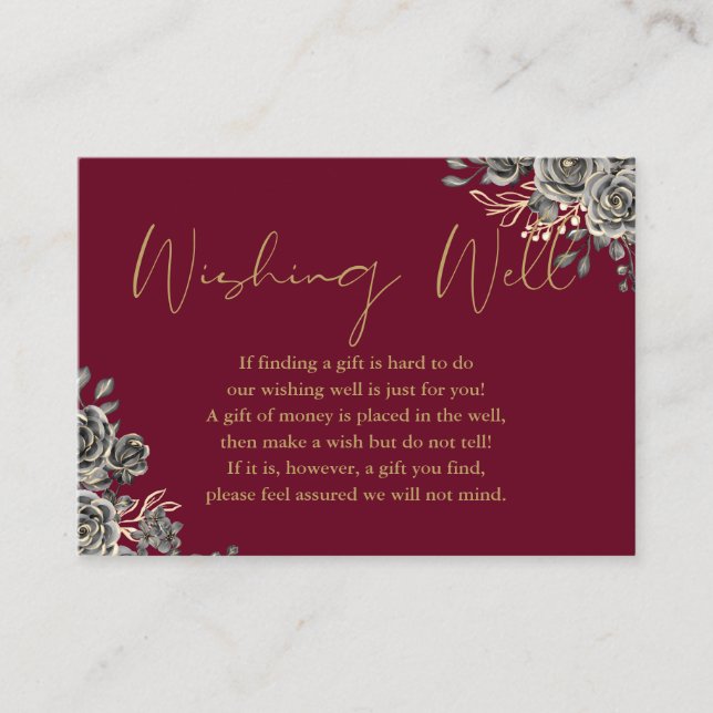 Burgundy And Gold Goth Floral Wishing Well Wedding Enclosure Card (Front)