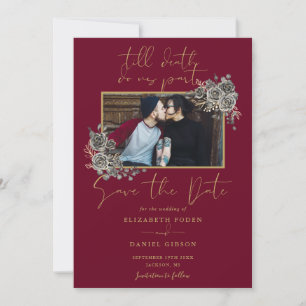Burgundy And Gold Gothic Floral Photo Wedding Save The Date