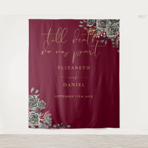 Burgundy And Gold Gothic Floral Wedding Photo Prop Tapestry