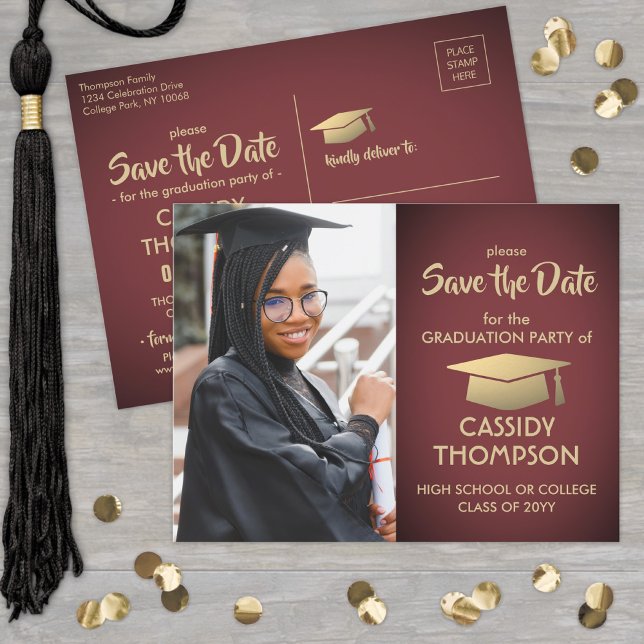 Burgundy and Gold Graduation Photo Save the Date Postcard (Creator Uploaded)