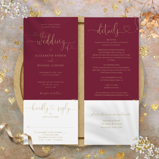 Burgundy And Gold Heart Script All In One Wedding Invitation (Burgundy And Gold Heart Script All In One Wedding Invitation)