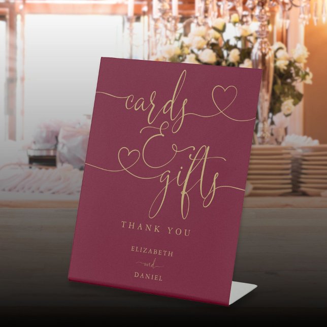 Burgundy And Gold Heart Script Cards And Gifts Pedestal Sign (Burgundy And Gold Heart Script Cards And Gifts Pedestal Sign)